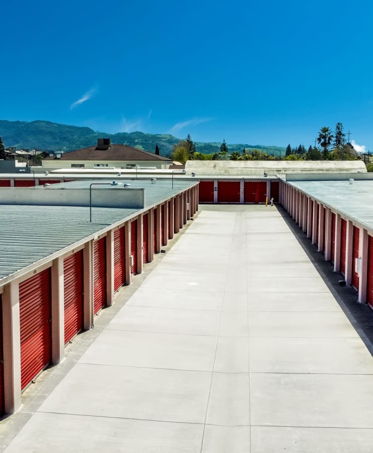 Exterior drive-up self storage units at StorQuest Self Storage in Napa, California