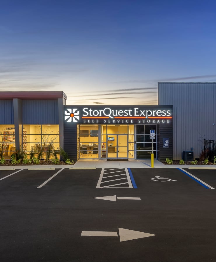 Facade and surrounding landscaping at StorQuest Express Self Service Storage in Seffner, Florida