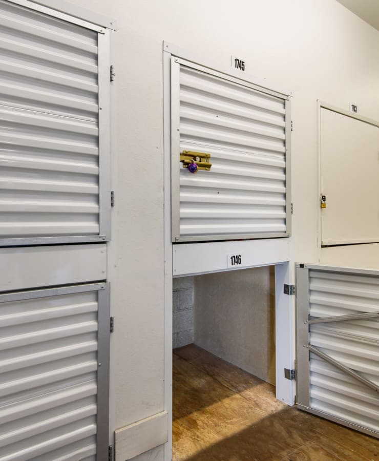 An open storage locker at StorQuest Self Storage in Los Angeles, California