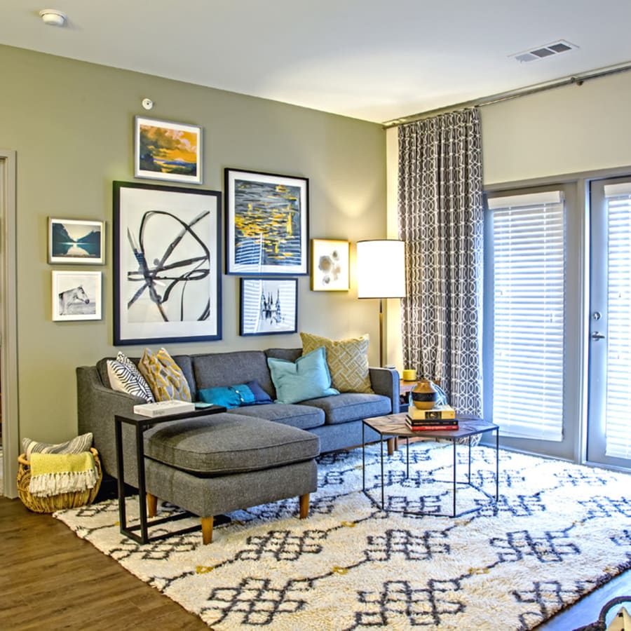 Furnished model apartment living room at The Standard at EastPoint in Baytown, Texas