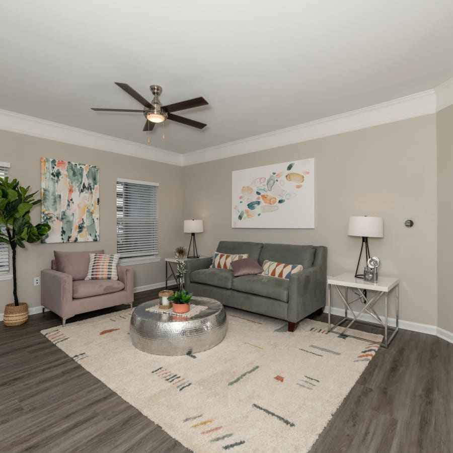 Furnished model apartment living room at The Spencer Park Row in Houston, Texas