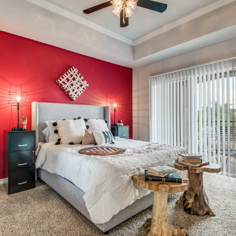 Furnished model apartment bedroom at The Anthony at Canyon Springs in San Antonio, Texas