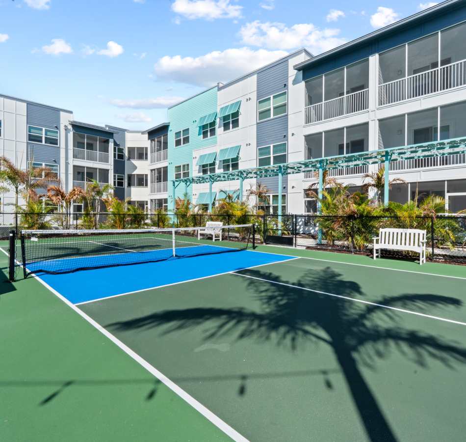 Aerial view of pickleball courts at The Vivien in Vero Beach, Florida