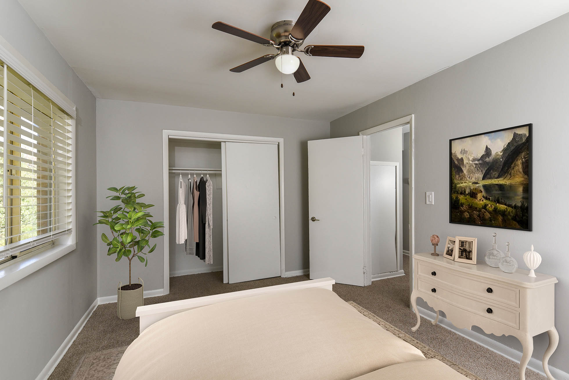 Bedroom with ceiling fan at Harborstone in Newport News, Virginia