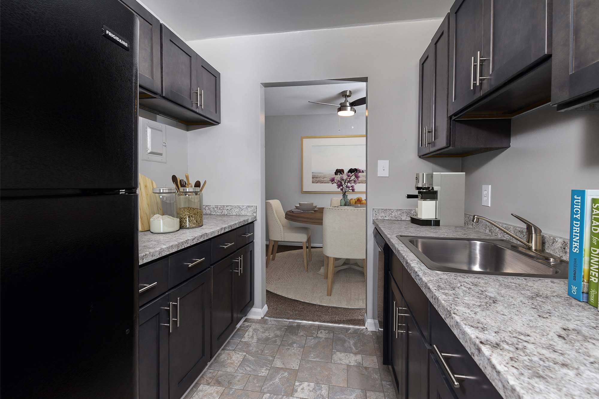 Model kitchen with black cabinet at The Ridge, Hagerstown, Maryland