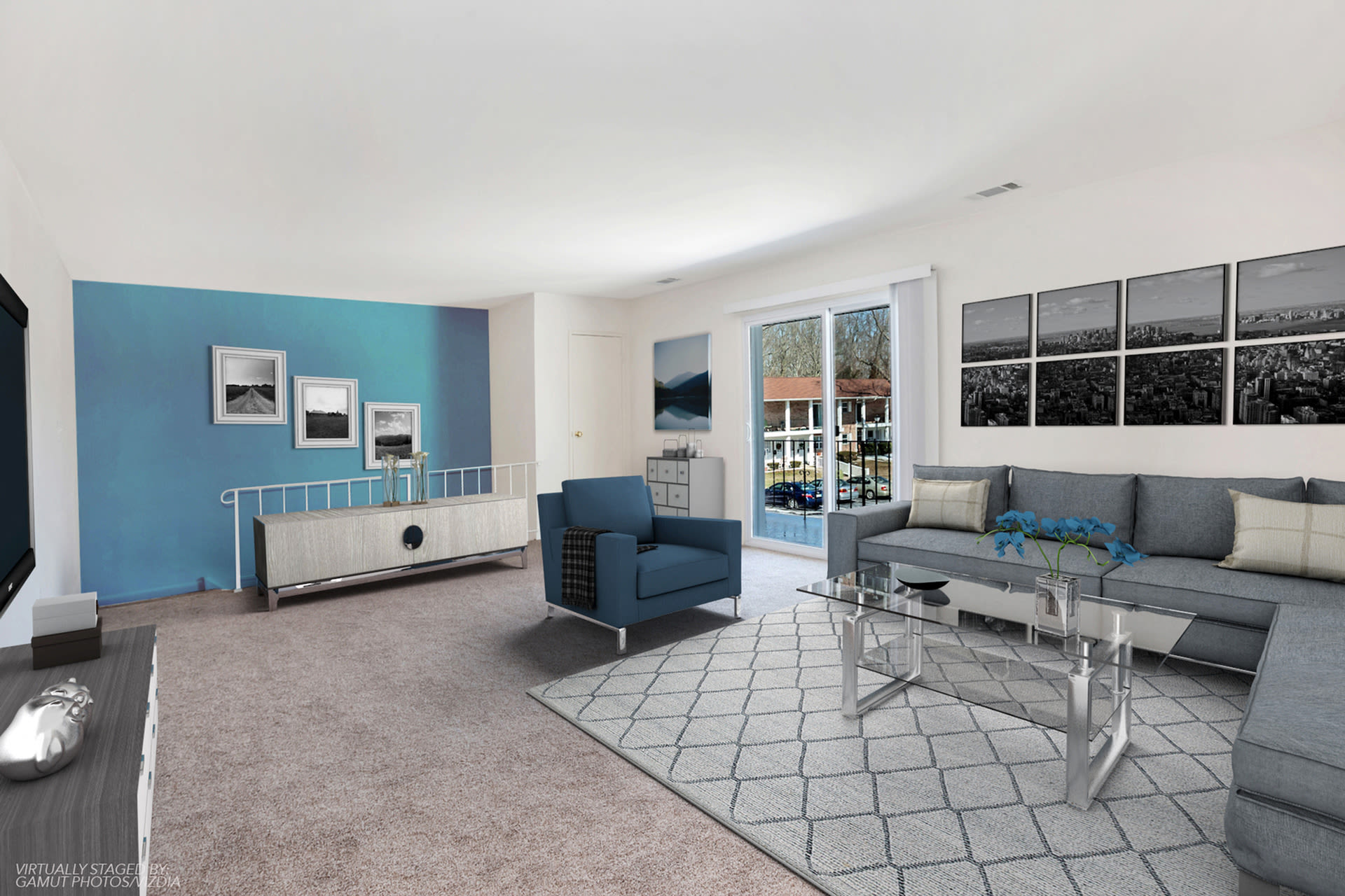 Model living room at Holly Court in Pitman, New Jersey