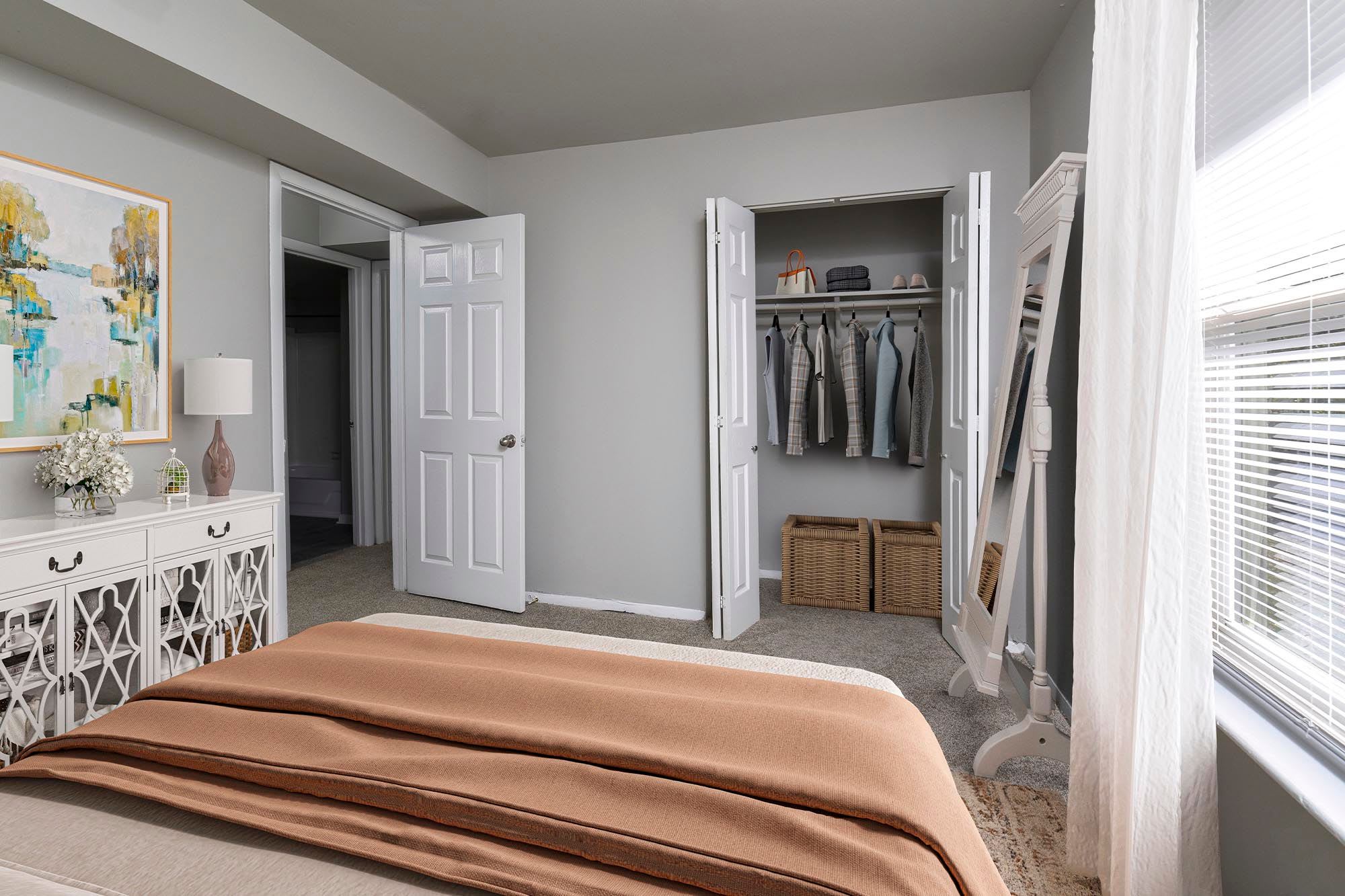 Model bedroom with closet at Chesapeake Pointe, Portsmouth, Virginia