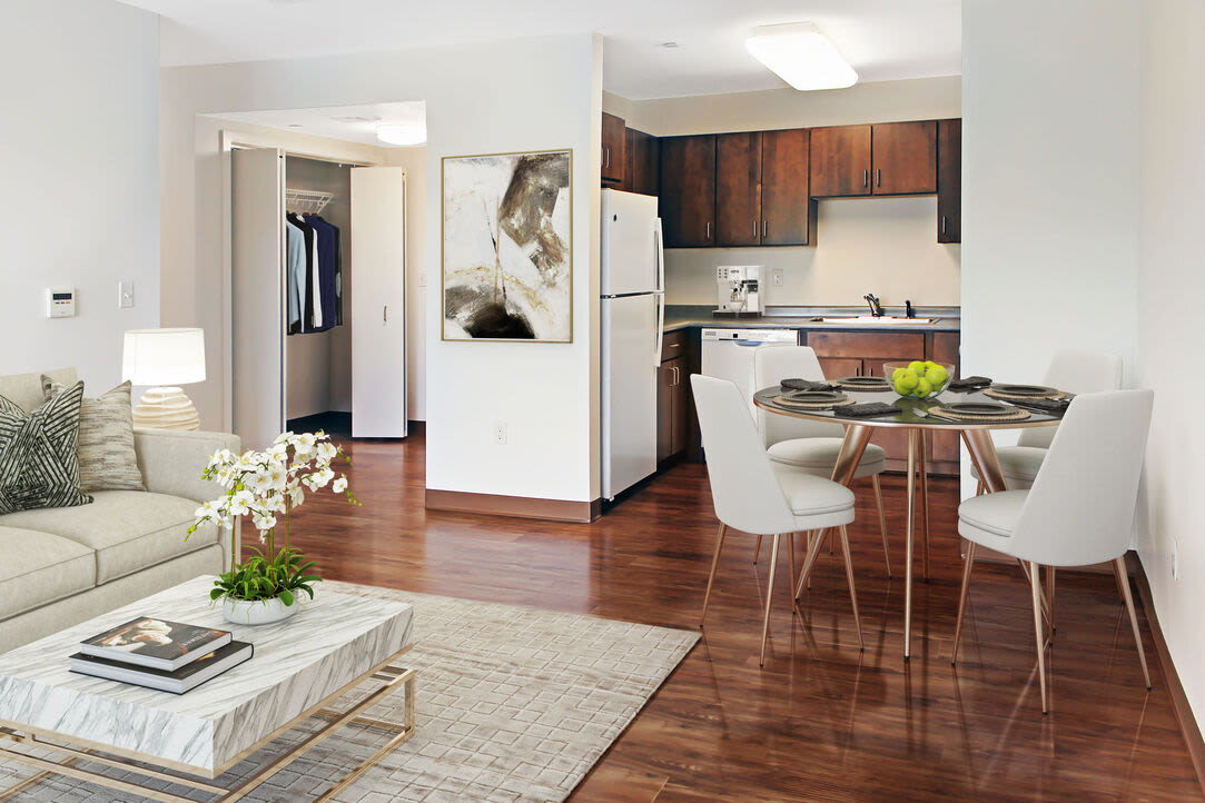 View of the kitchen and dining at 75 Amory in Boston, Massachusetts