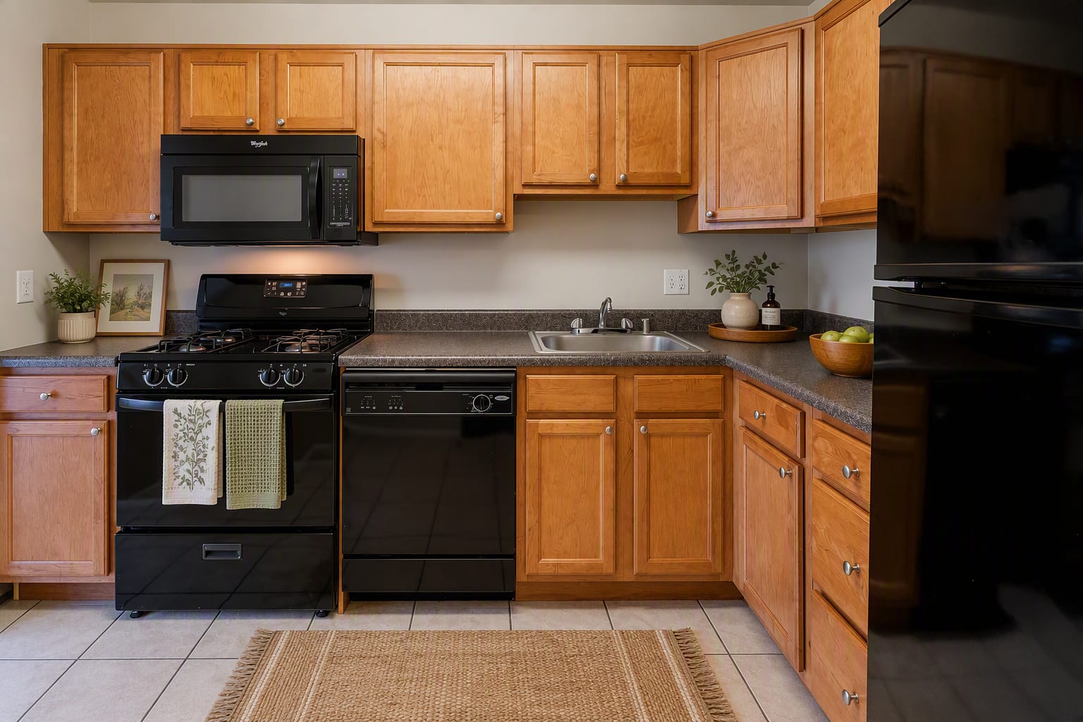 Kitchen with black appliances at Charlestowne North in Greenbelt, Maryland
