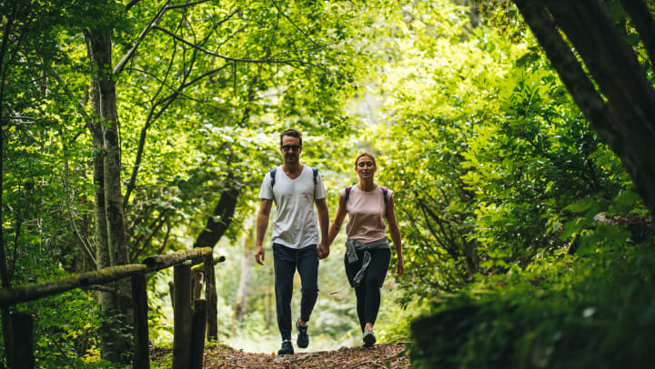 A couple holding hands while hiking on a trail surrounded by trees