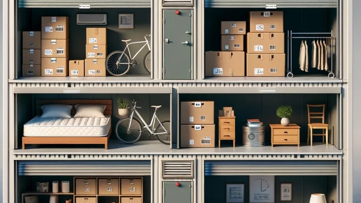 Various sizes of climate-controlled self-storage units at 21st Century Storage in Long Island City, each showing suitable storage items: smallest with boxes and a table, medium with a bicycle and mattress, and largest with a sofa, dining set, and boxes