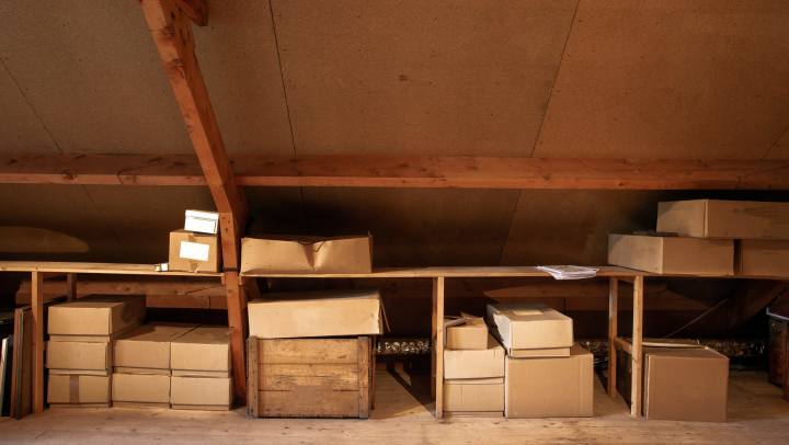 Stored boxes in an old attic