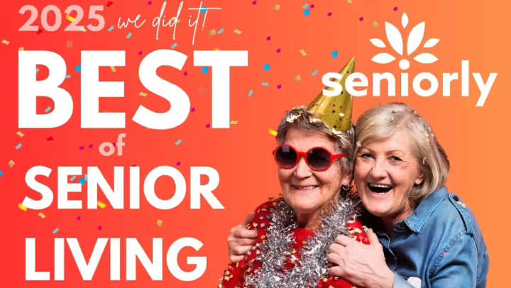 Best of Senior Living Award text with seniors amiling. 