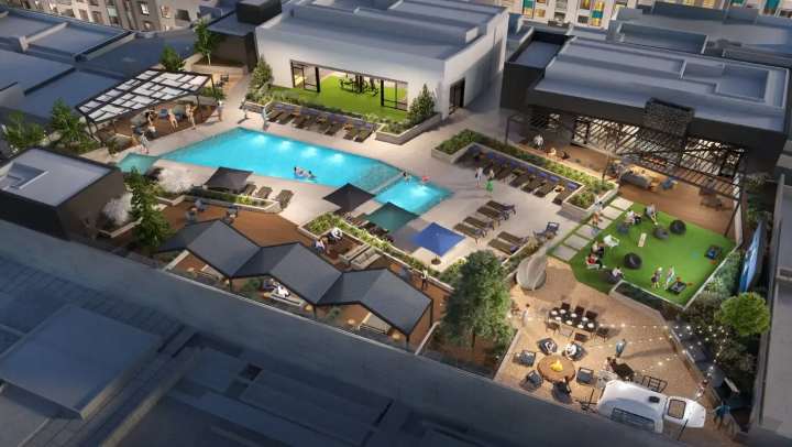 Birdseye view of the rooftop pool and deck