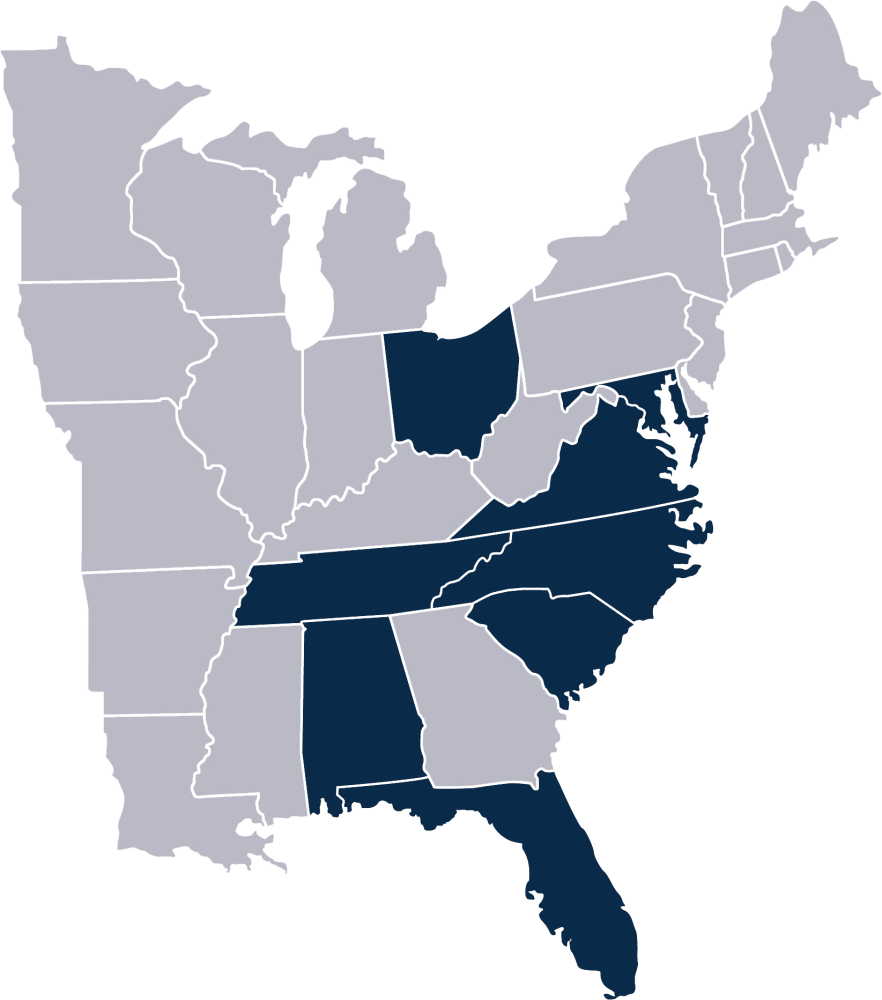 Map graphic highlighting states with regional offices for Drucker + Falk