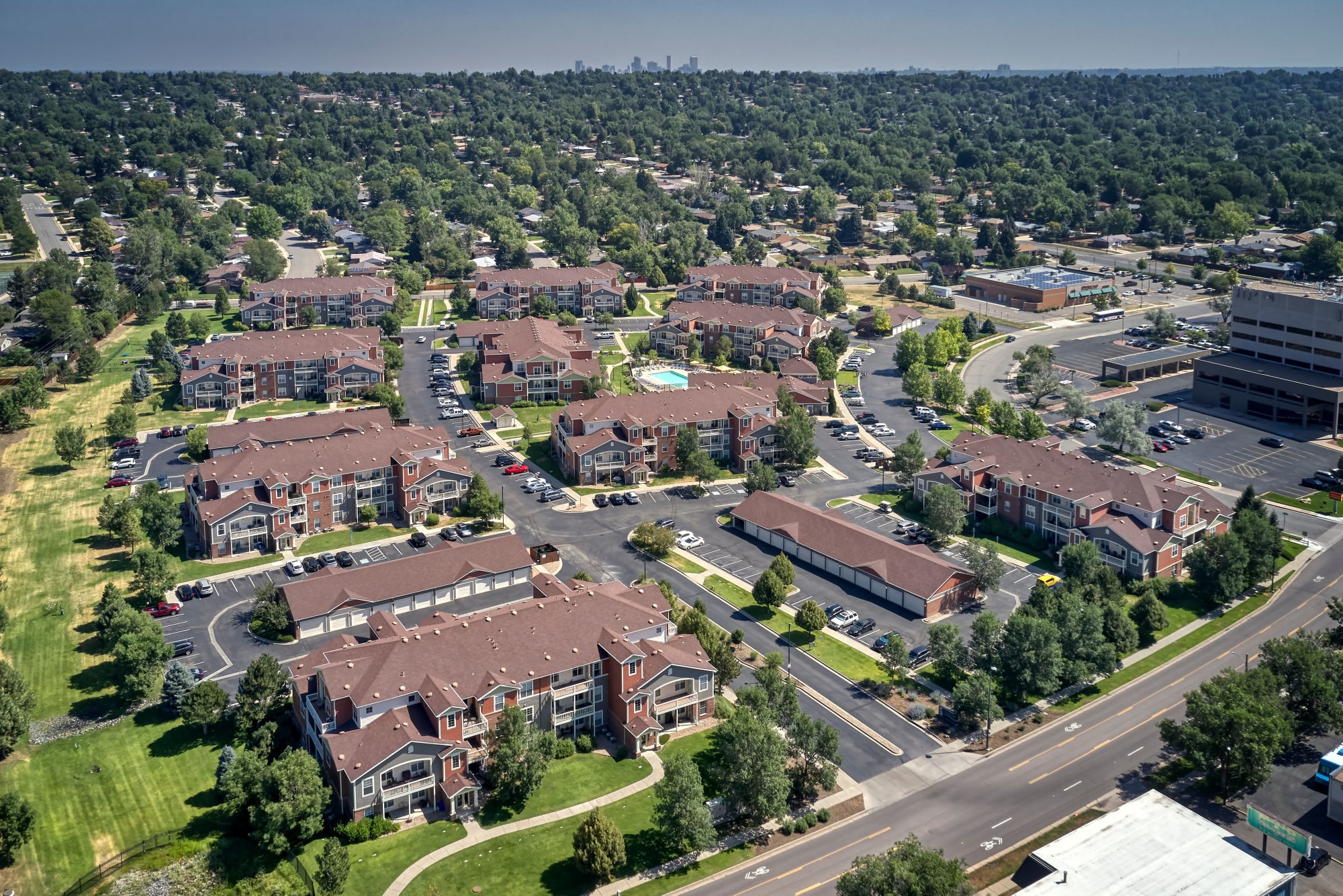 Aerial view of property and surrounding area at Bear Valley Park in Denver, Colorado