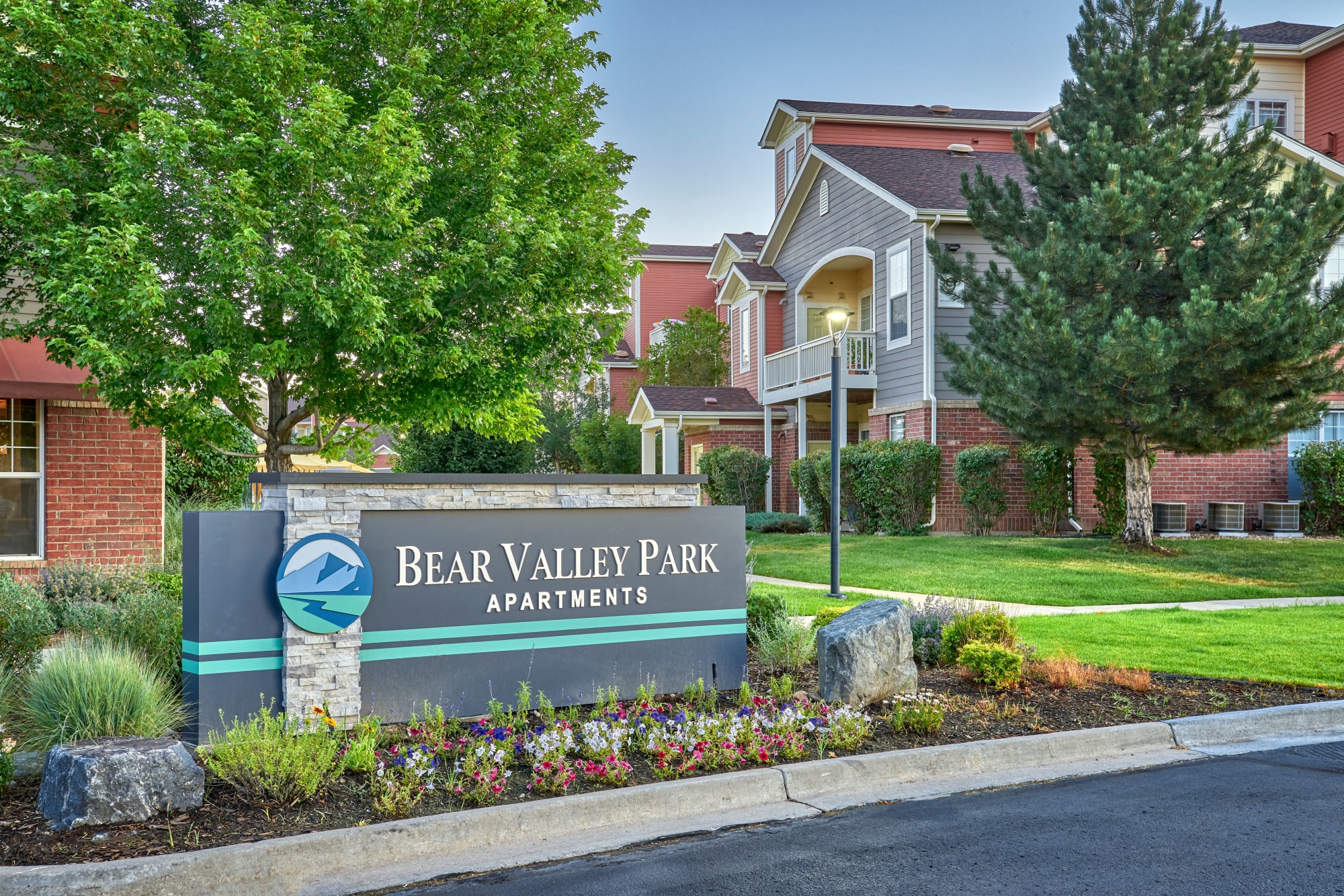 The monument sign at Bear Valley Park in Denver, Colorado