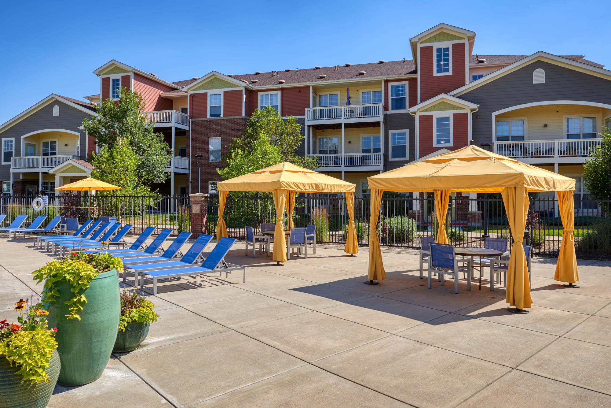 Poolside cabanas at Bear Valley Park in Denver, Colorado