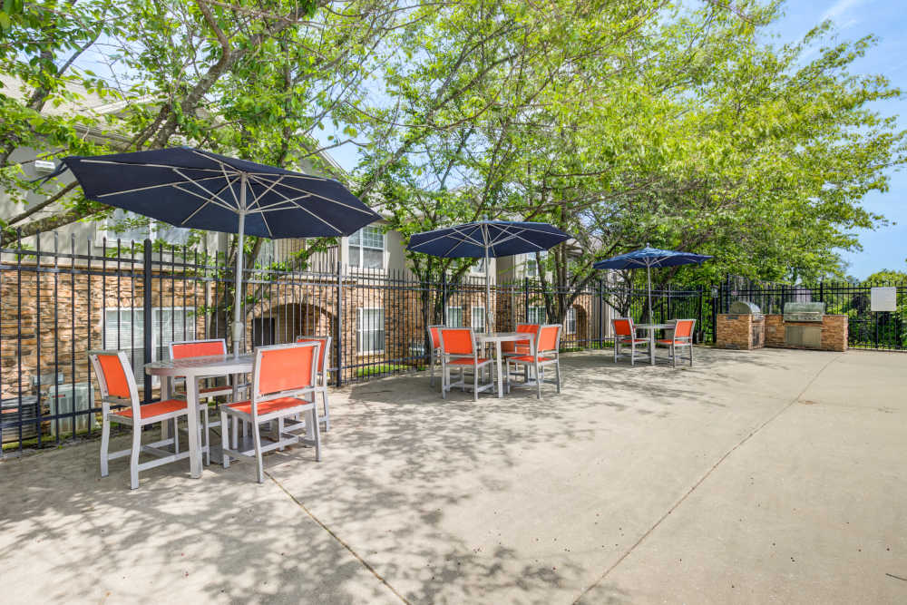 Patio seating at The Residences at Waterstone in Pikesville, Maryland