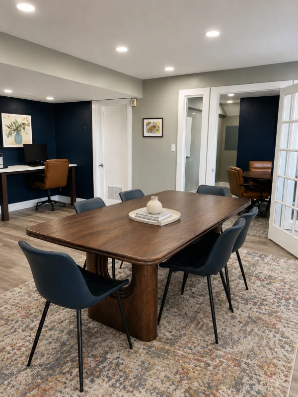 Study room with collaborative seating and workspace at Hawks Pointe in Lawrence, Kansas