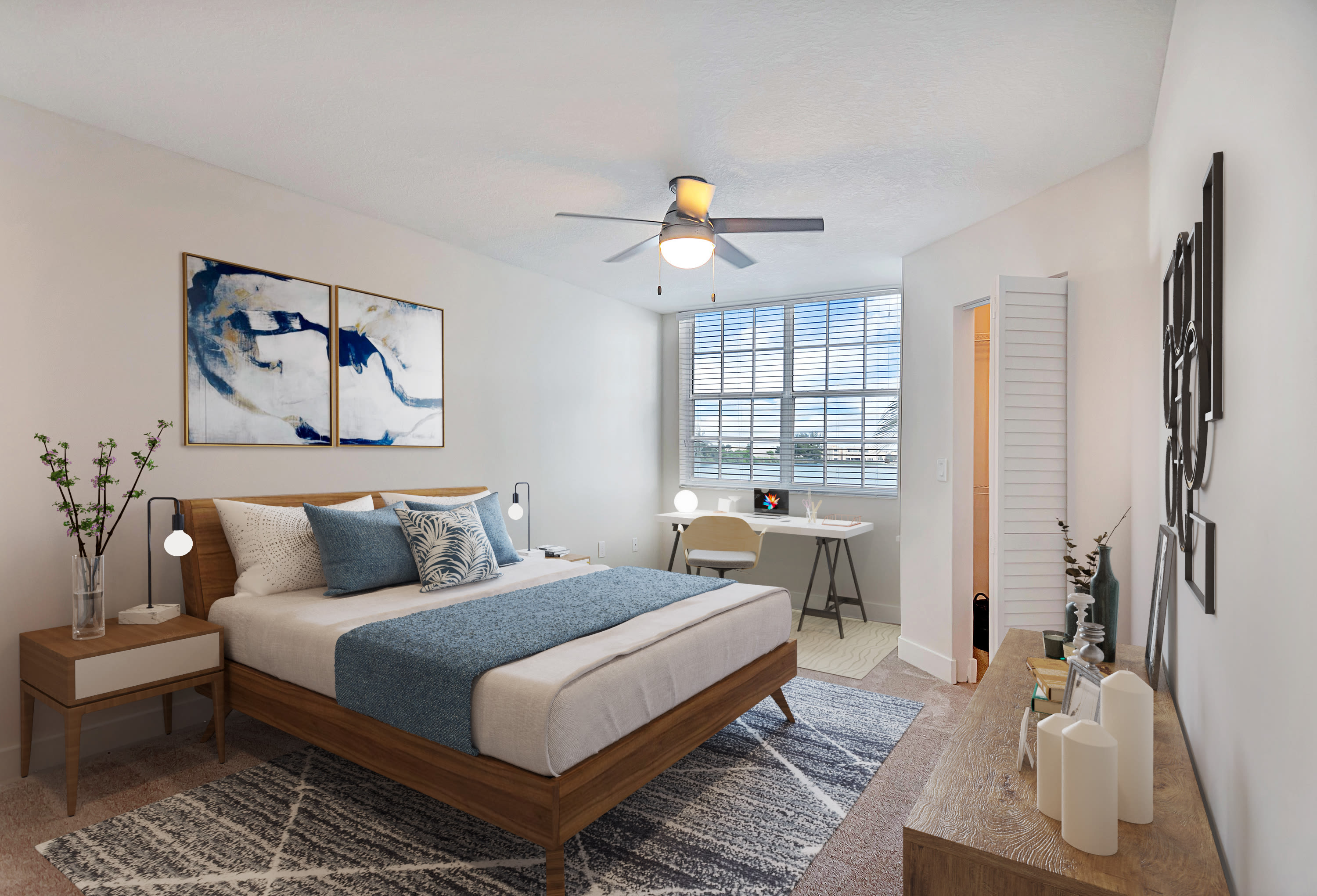 Spacious model bedroom at St. Tropez Apartments in Miami Lakes, Florida