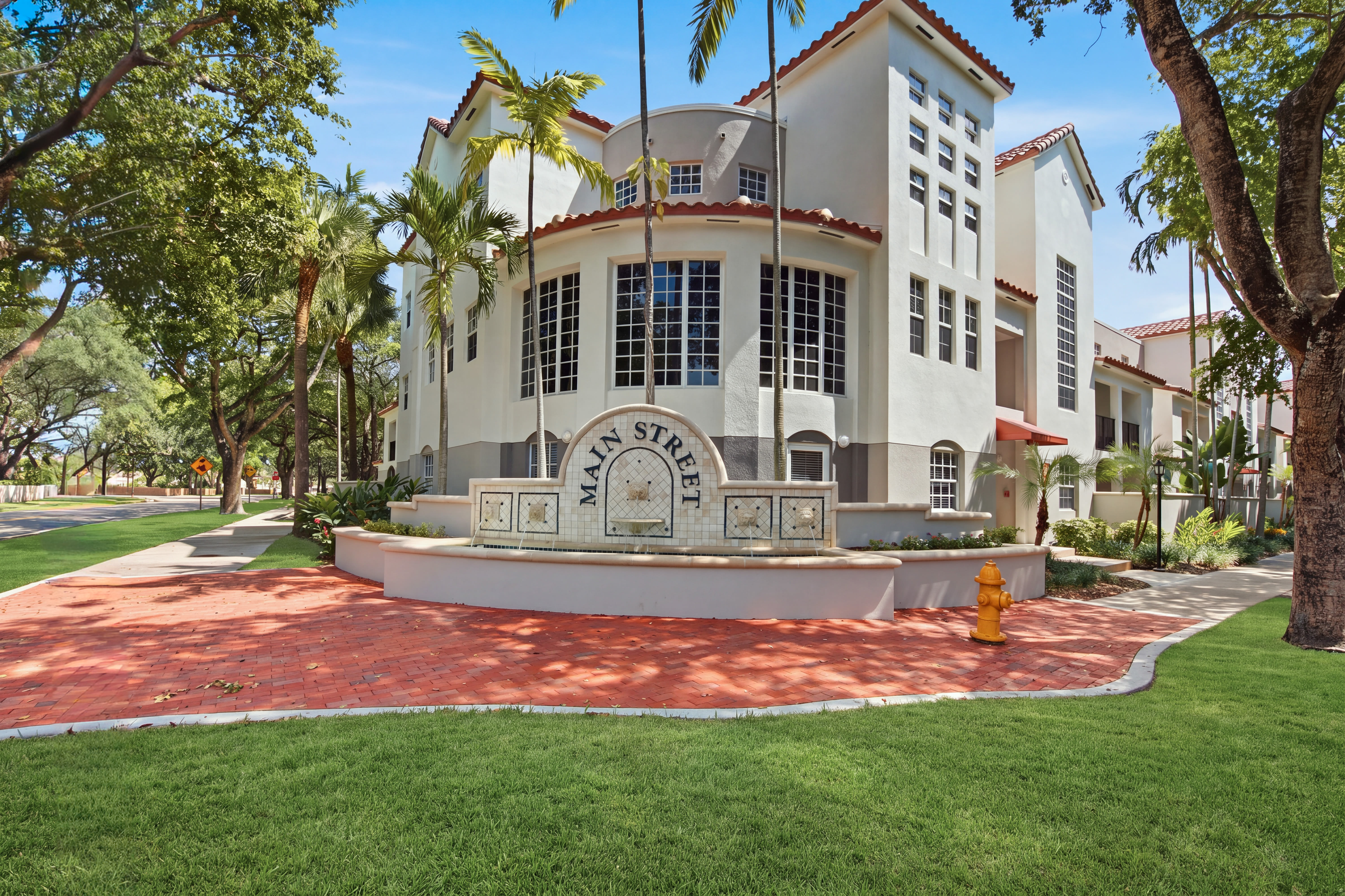 Main entrance to Fountain House Apartments in Miami Lakes, Florida