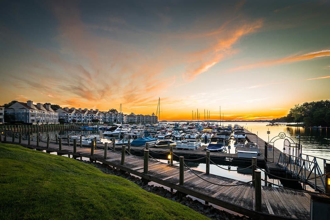 Beautiful sunset over boat docks in Charlotte near Preserve at Steele Creek