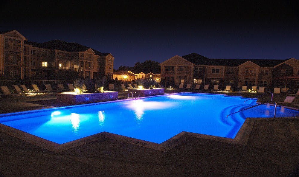 Pool view at night at Meridian on Shelbyville
