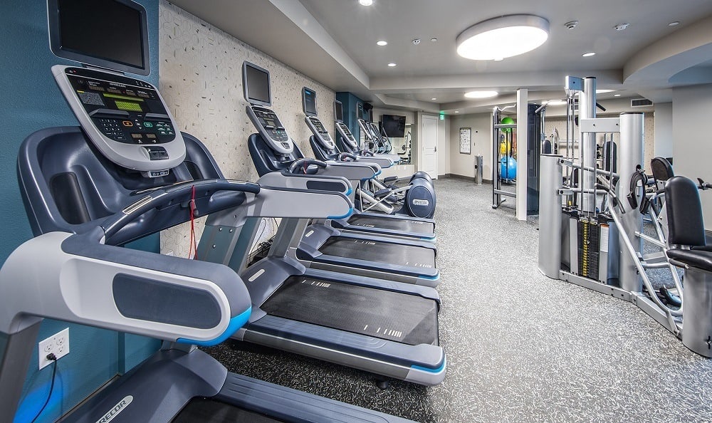 Well equipped fitness center for residents at The Meyden in Bellevue, Washington
