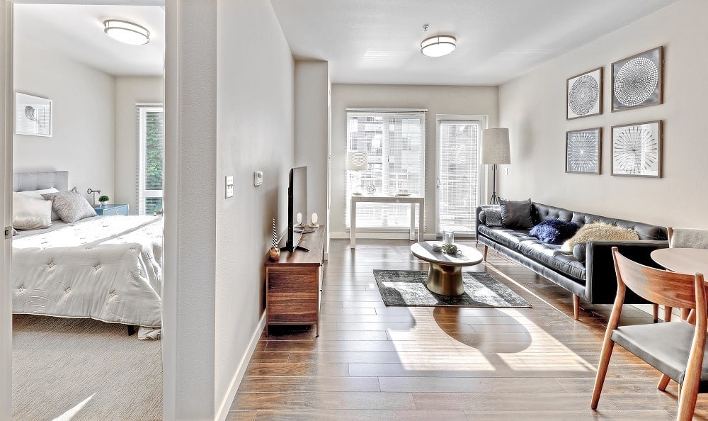 Bright, spacious living room at The Meyden in Bellevue, Washington