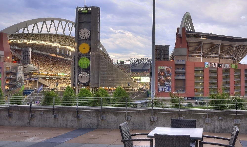 Outdoor rooftop lounge at The Wave at Stadium Place in Seattle, Washington