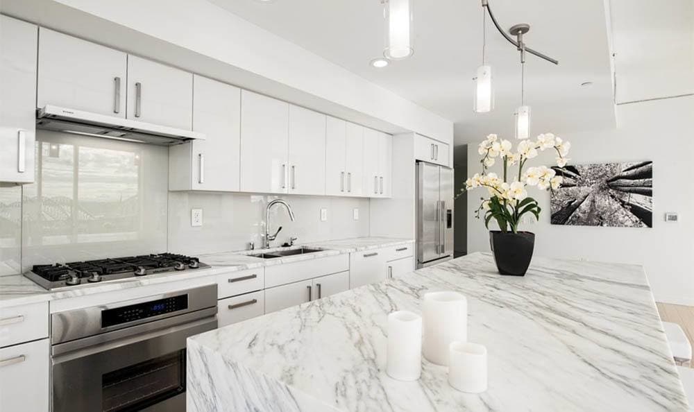 Sleek, modern kitchen at The Wave at Stadium Place in Seattle, Washington