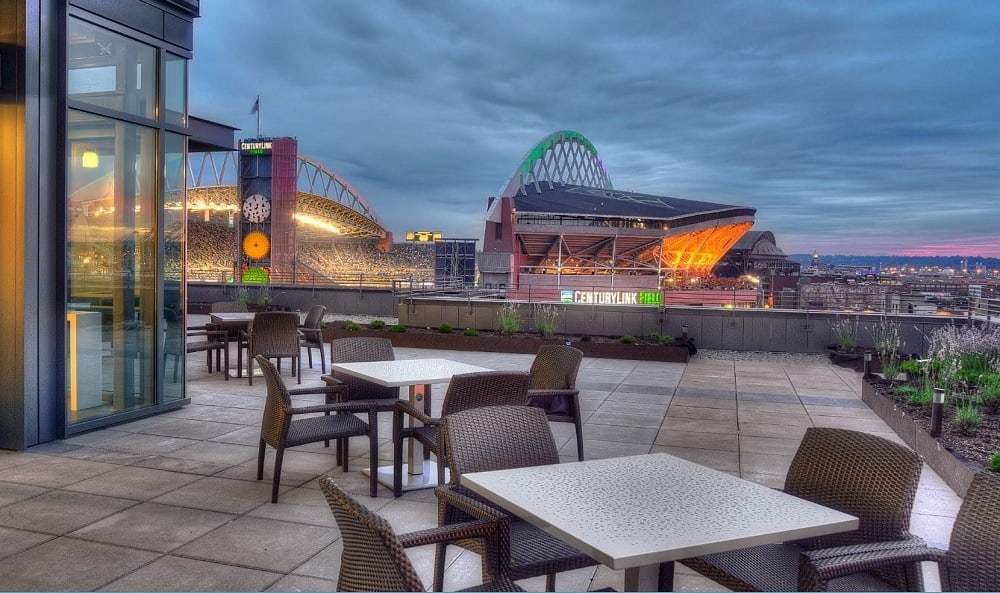 Expansive rooftop deck with gorgeous views at The Nolo at Stadium Place in Seattle, Washington