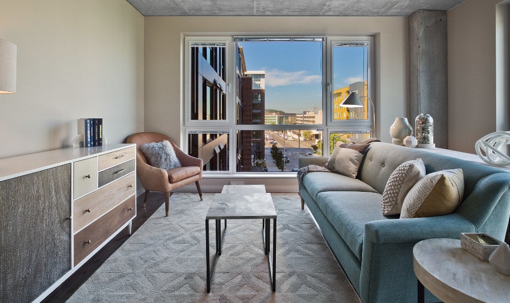 Living room with a view at The Century in Seattle, Washington