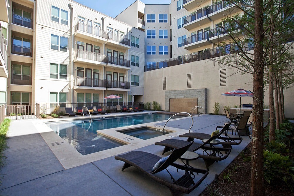 Elegant outdoors pool at The Marq on West 7th in Fort Worth, TX
