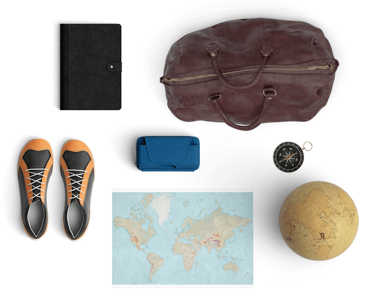Map, Journal, Globe, Bag, and Shoe for Traveling