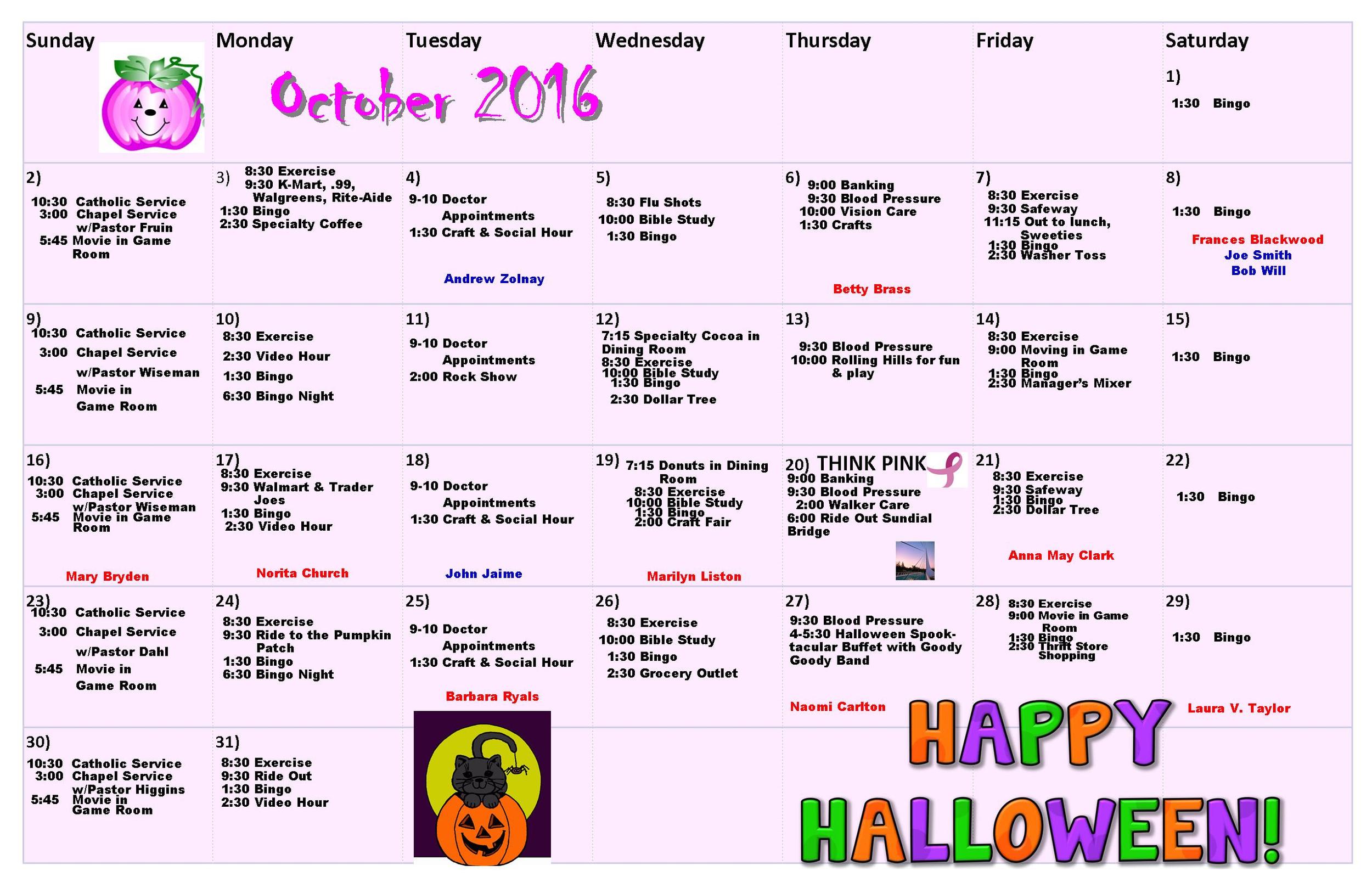 Sample calendar thumbnail for the senior living community in Redding