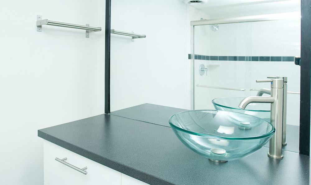 The luxurious amenities it 3Fifty8 include glass vessel sinks