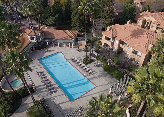 Aerial view of the pool at Adagio in Sacramento