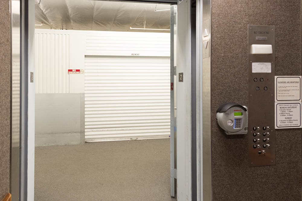 Open elevator at self storage facility in Pasadena, CA.