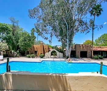 The beautiful swimming pool area is just one of the reasons our residents love La Hacienda Apartment Homes.