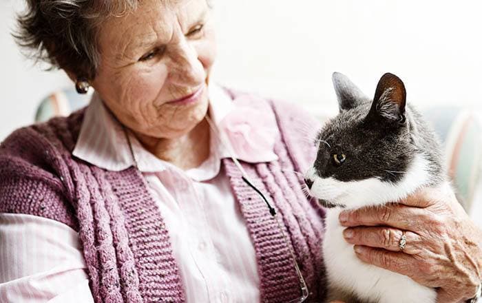 Woman with cat enjoying Bishop Place Senior Living assisted living
