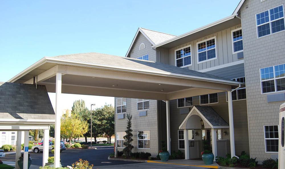 Lobby entrance at Flagstone Senior Living in The Dalles, Oregon.