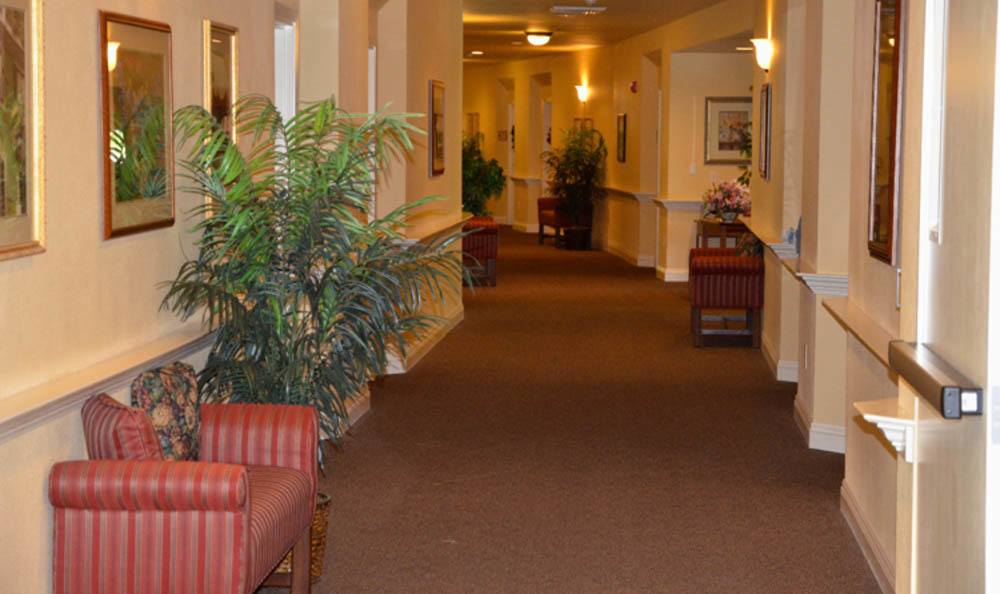 Wide hallways of upscale senior living facility at Windchime of Chico in Chico, California.