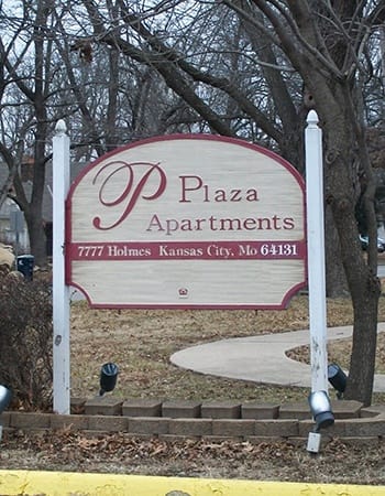 Our sign welcomes residents and their guests at Plaza I & II Apartments in Kansas City.