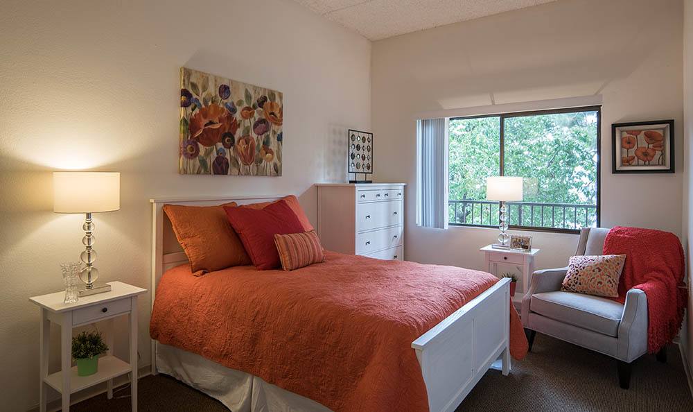 Spacious model bedroom at Pasadena Highlands in Pasadena, California