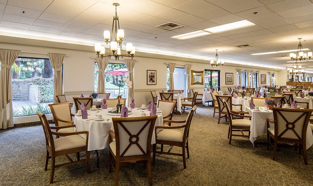 Large community dining room at Pasadena Highlands in Pasadena, California