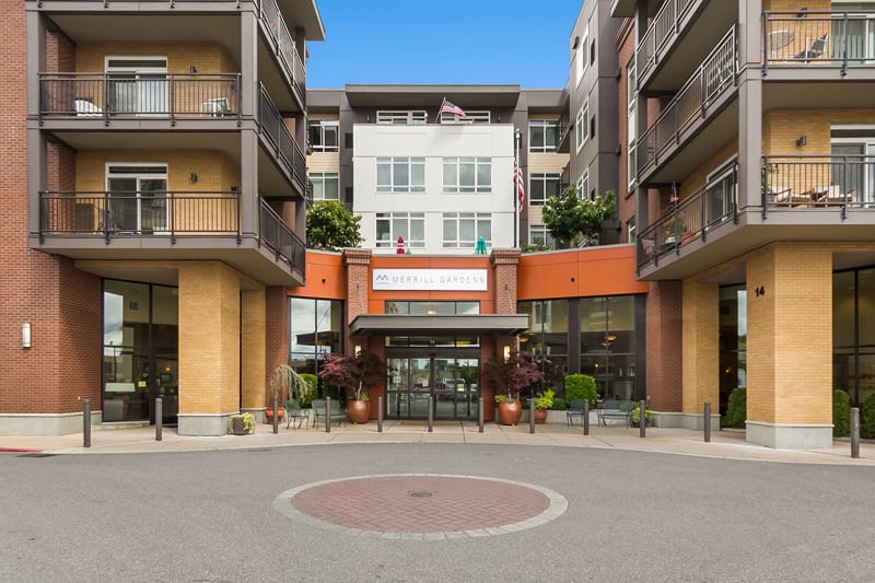 Exterior of main building at Merrill Gardens at Kirkland in Kirkland, Washington. 