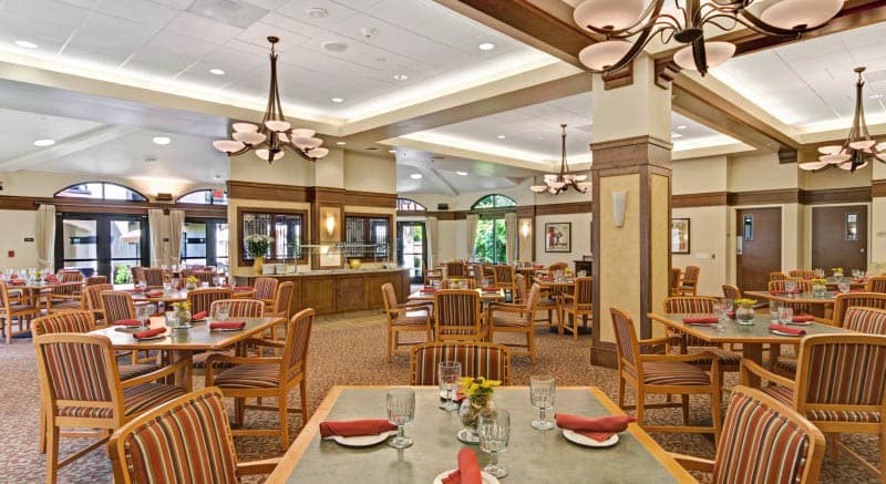 Spacious resident dining room at Merrill Gardens at Campbell in Campbell, California. 