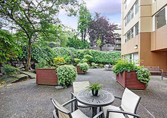 Patio seating at our senior living facility in Seattle